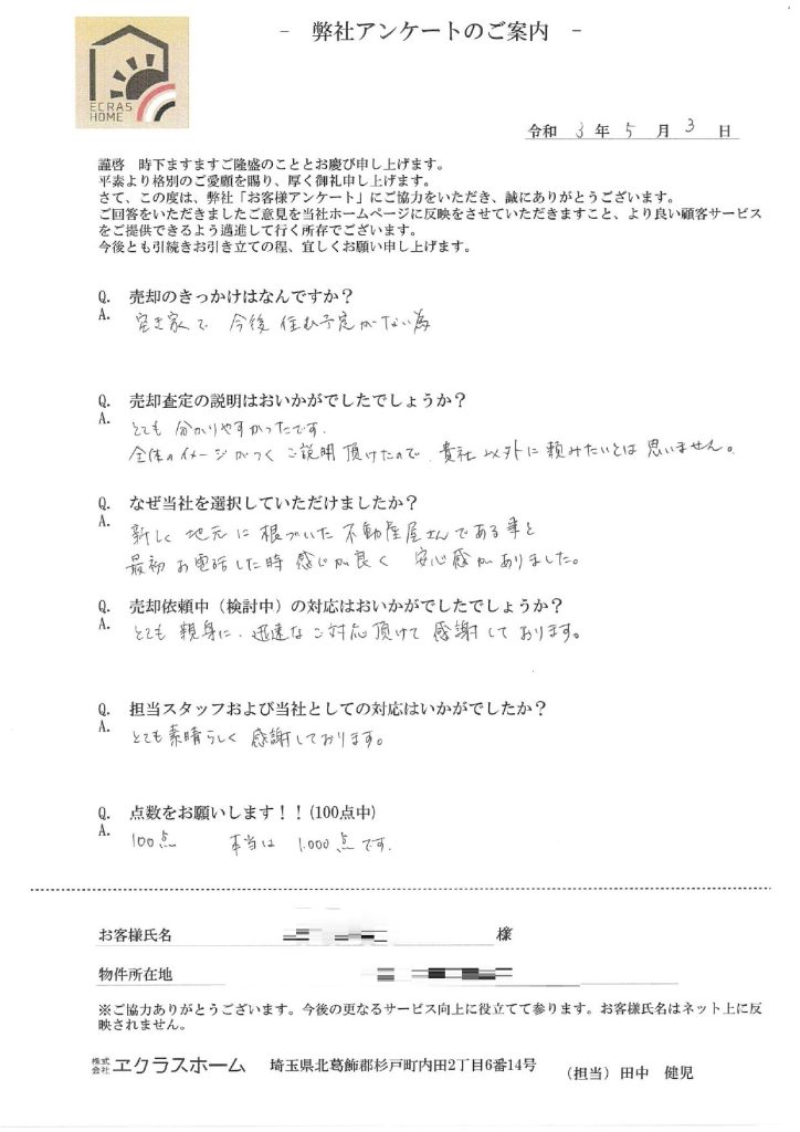 今後、空き家で住む予定もなく不要だった為、売却を決めた。