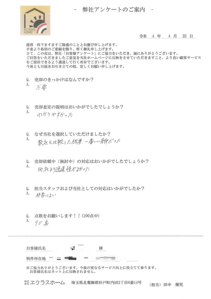 不要物件の売却依頼。他社と比較した結果、条件も良く迅速性もあり依頼をお願いした。